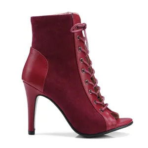 Women Peep Toe Suede Heeled Boots Red