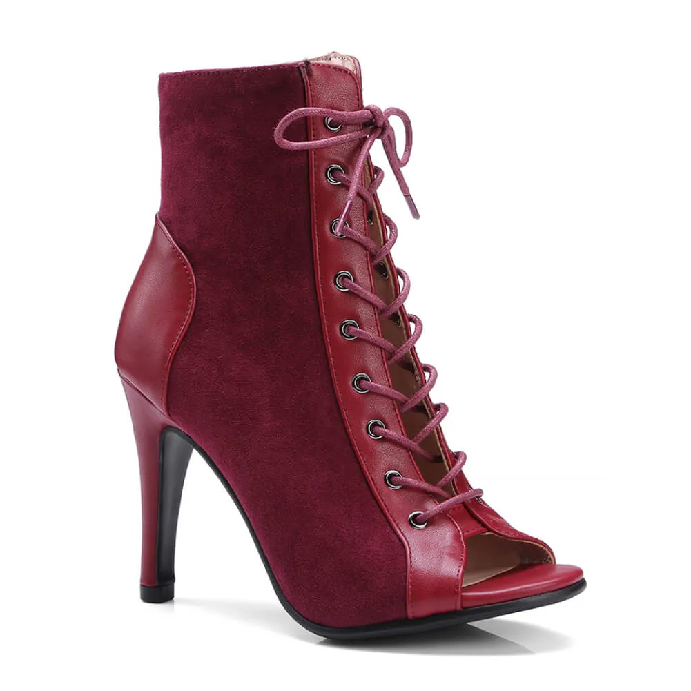 Women Peep Toe Suede Heeled Boots Red
