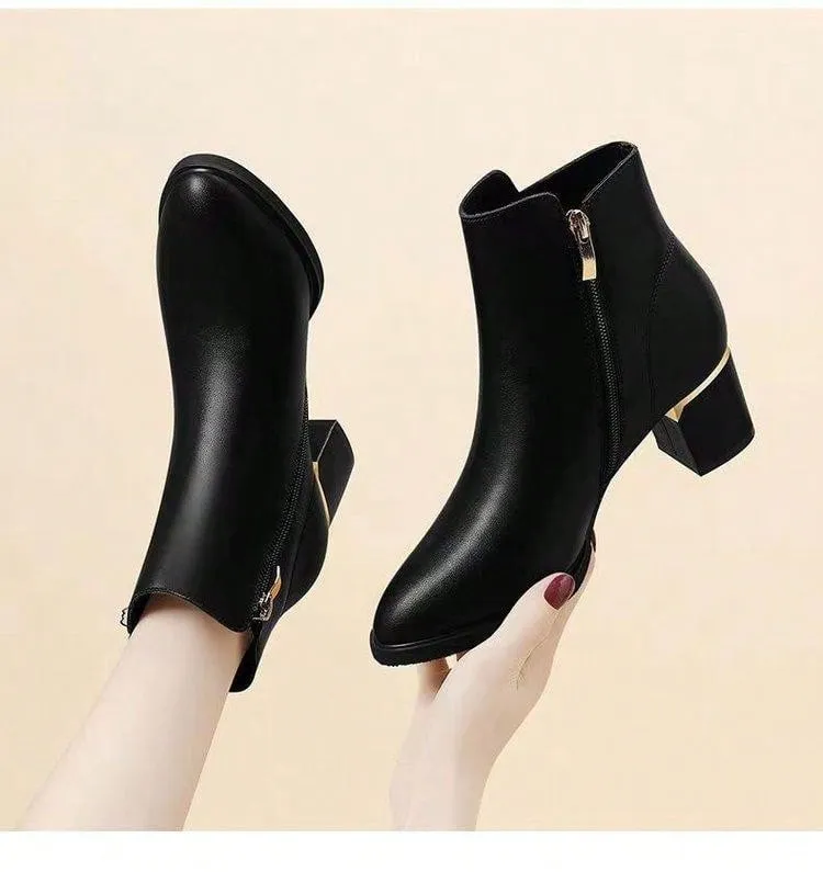 Women's Round Toe Chunky Heel Pumps, New Fur-Lined Fall/Spring Casual Leather Slip-On Shoes, Mid Heels Tassel Short Boots