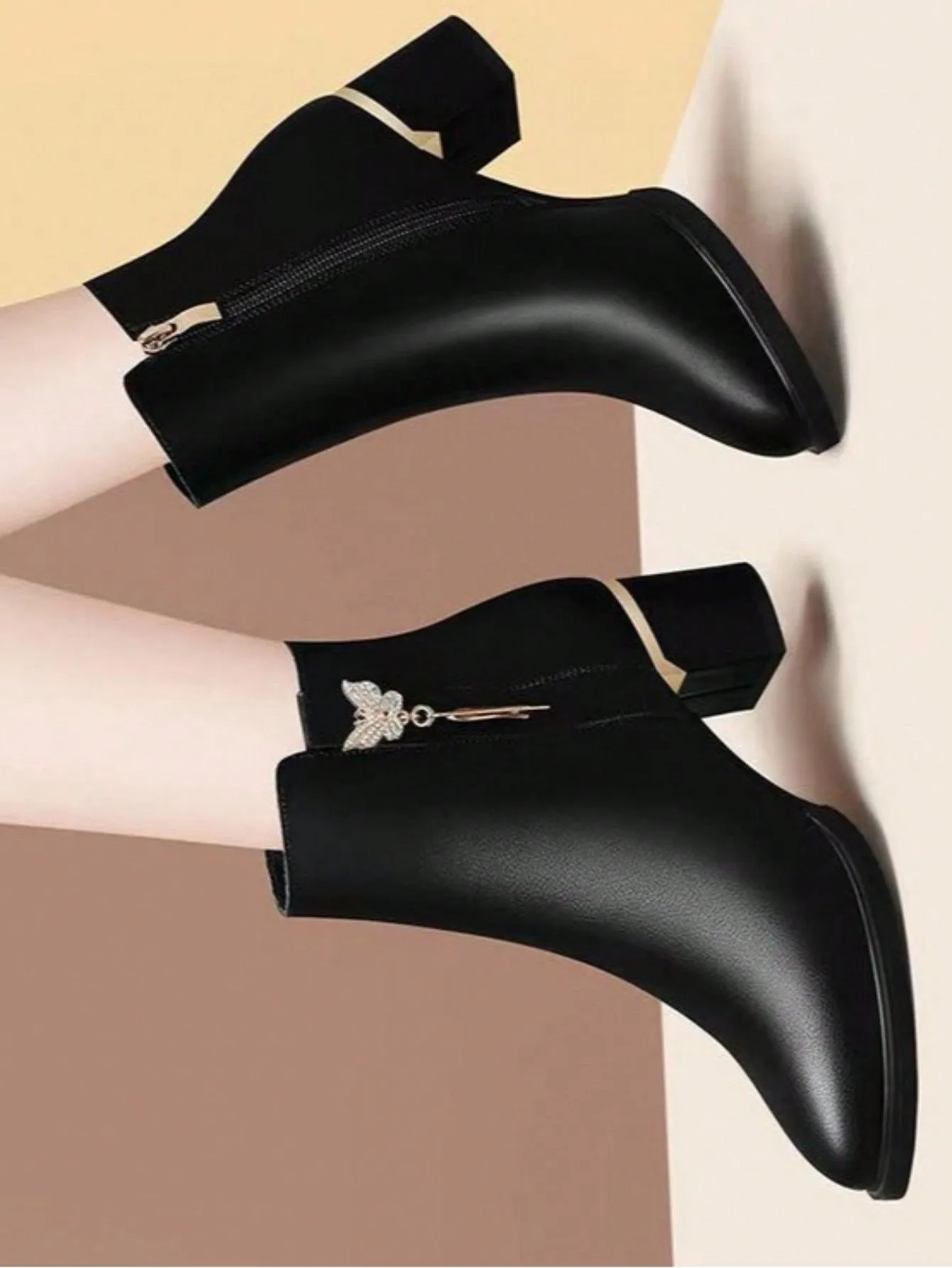 Women's Round Toe Chunky Heel Pumps, New Fur-Lined Fall/Spring Casual Leather Slip-On Shoes, Mid Heels Tassel Short Boots