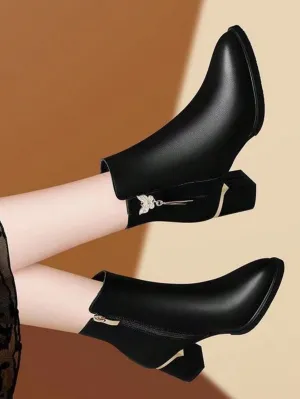 Women's Round Toe Chunky Heel Pumps, New Fur-Lined Fall/Spring Casual Leather Slip-On Shoes, Mid Heels Tassel Short Boots