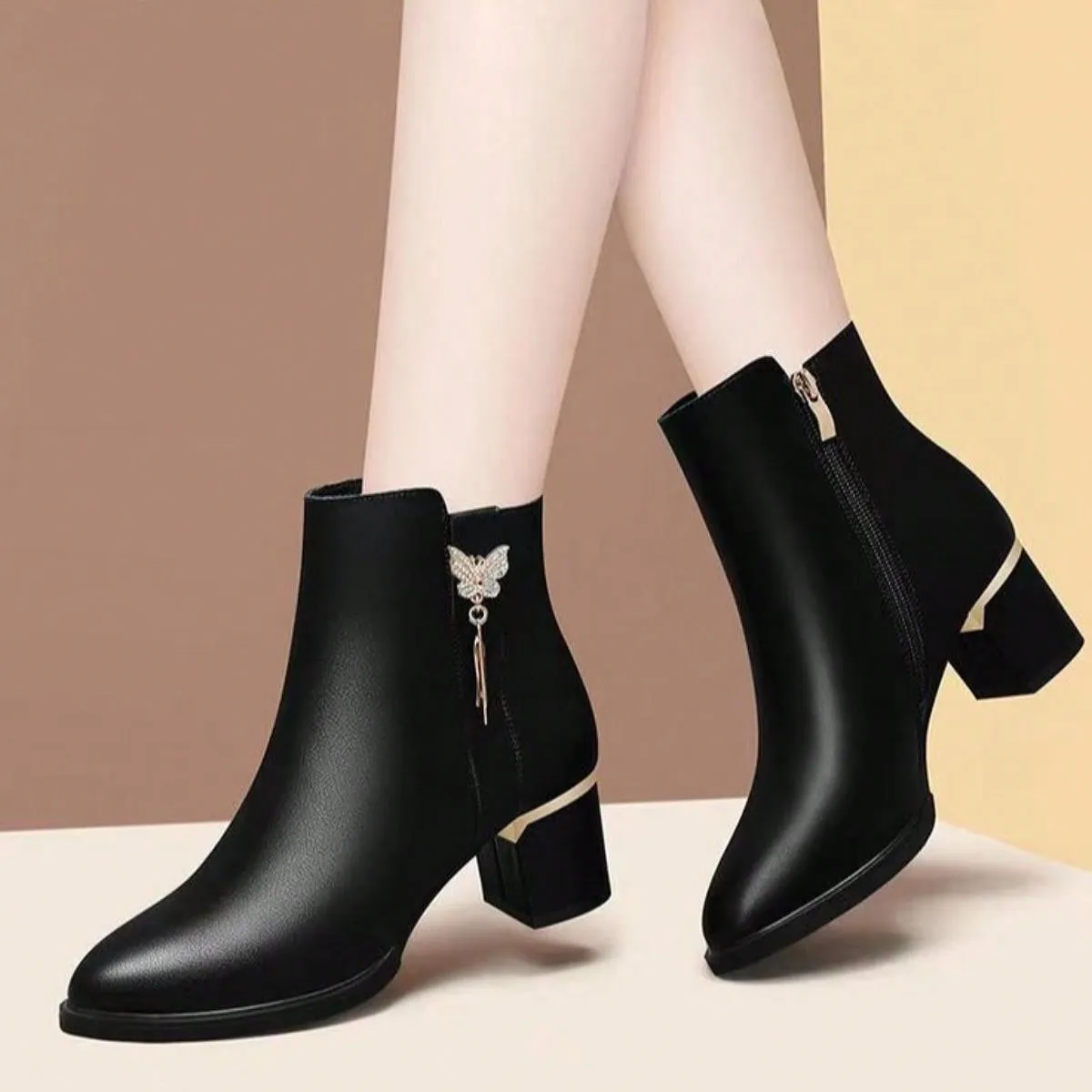 Women's Round Toe Chunky Heel Pumps, New Fur-Lined Fall/Spring Casual Leather Slip-On Shoes, Mid Heels Tassel Short Boots