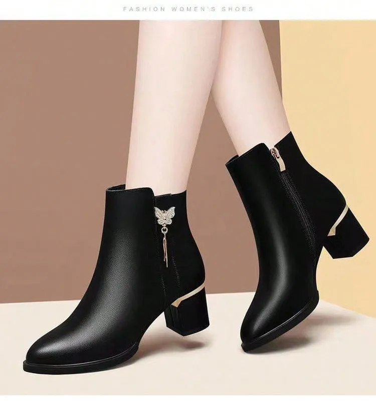Women's Round Toe Chunky Heel Pumps, New Fur-Lined Fall/Spring Casual Leather Slip-On Shoes, Mid Heels Tassel Short Boots