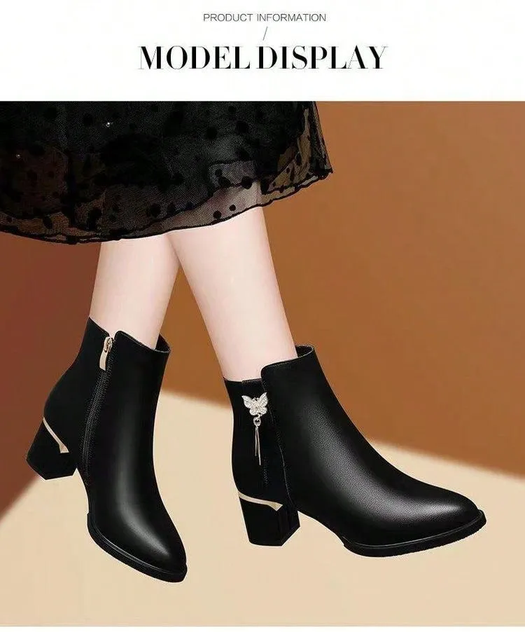 Women's Round Toe Chunky Heel Pumps, New Fur-Lined Fall/Spring Casual Leather Slip-On Shoes, Mid Heels Tassel Short Boots