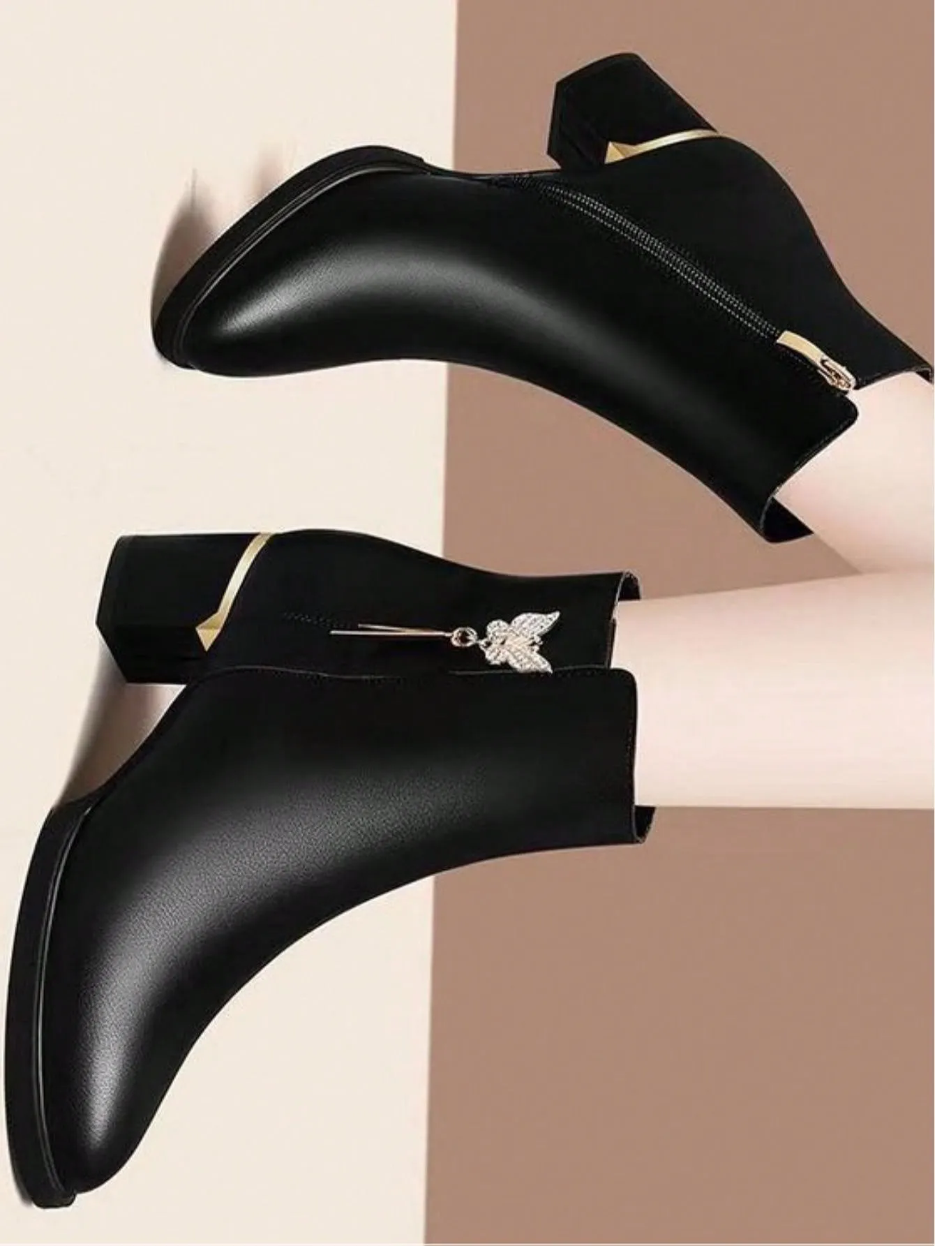 Women's Round Toe Chunky Heel Pumps, New Fur-Lined Fall/Spring Casual Leather Slip-On Shoes, Mid Heels Tassel Short Boots