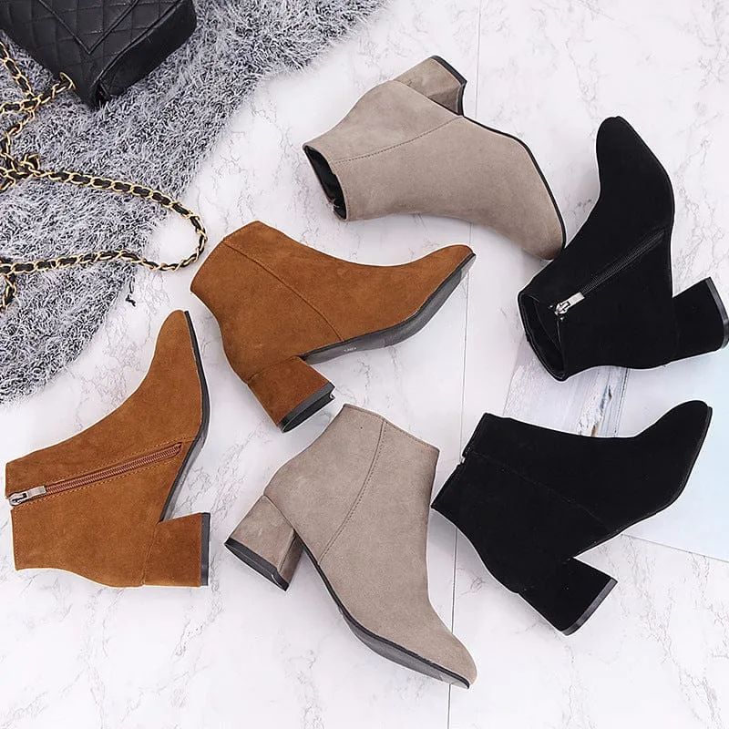 Women's Solid Color Block Heeled Ankle Boots