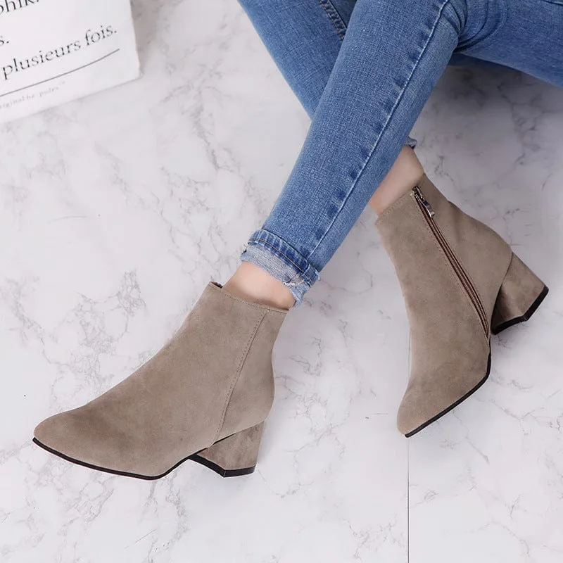 Women's Solid Color Block Heeled Ankle Boots