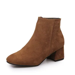 Women's Solid Color Block Heeled Ankle Boots