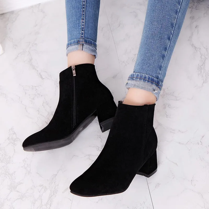 Women's Solid Color Block Heeled Ankle Boots
