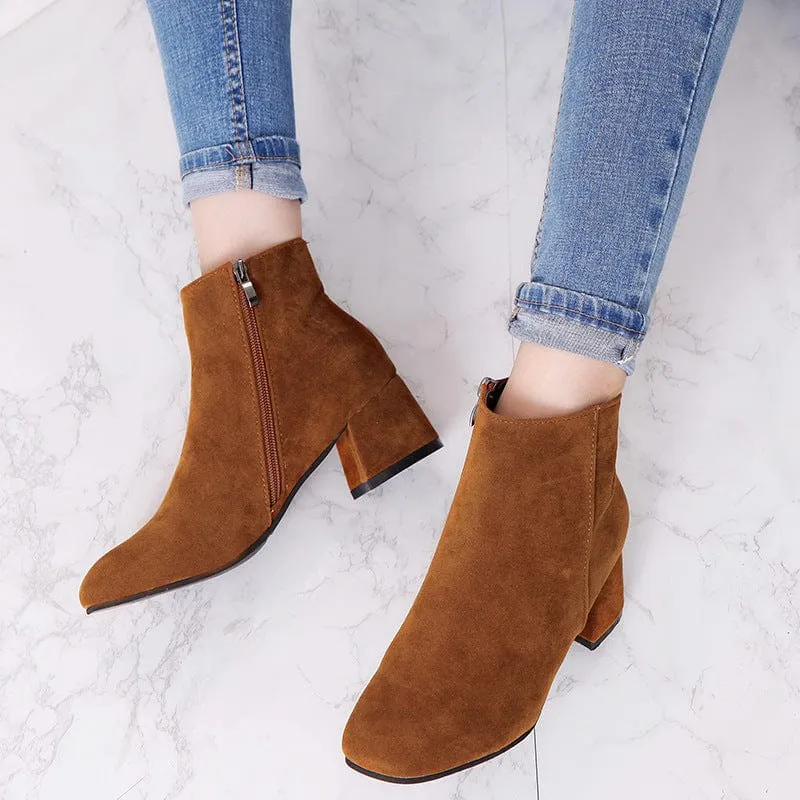 Women's Solid Color Block Heeled Ankle Boots