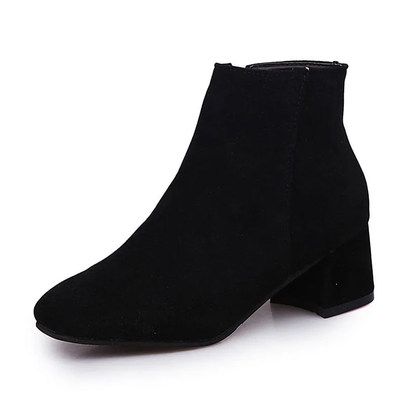 Women's Solid Color Block Heeled Ankle Boots